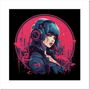 Cyberpunk Woman with Headphones listening to music Posters and Art